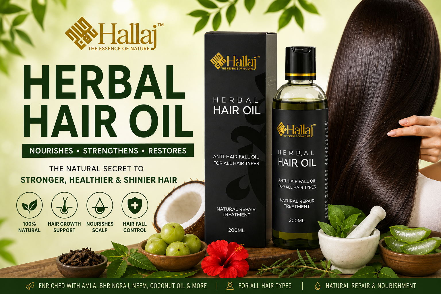 Hallaj Herbals Herbal Hair Oil for hair growth and hair fall control with natural ingredients including amla, bhringraj, neem, coconut oil, and aloe vera for stronger, healthier, and shinier hair.
