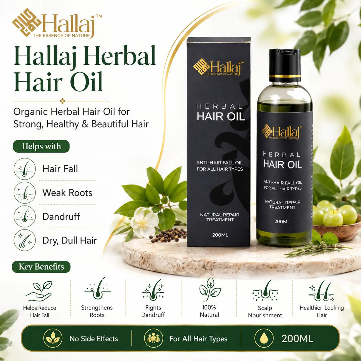 Hallaj Herbal Hair Oil – Organic Herbal Hair Oil for Strong, Healthy & Beautiful Hair